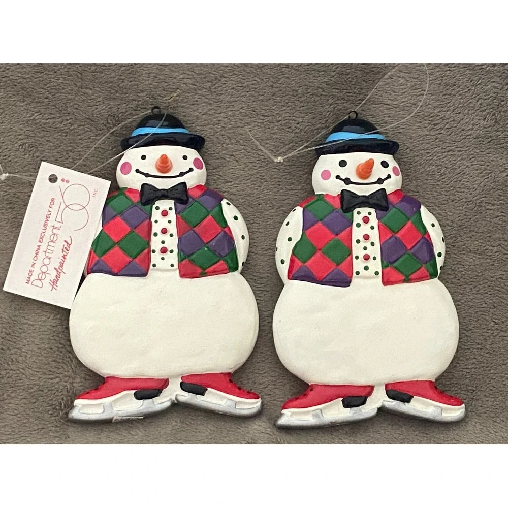2 Department 56 Snow Attire Snowman Porcelain Christmas Ornament Hand-painted
